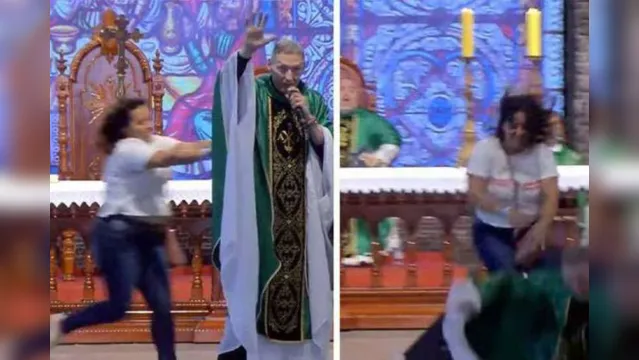 Imagem ilustrativa da notícia Vídeo: mulher joga padre Marcelo
Rossi do palco 