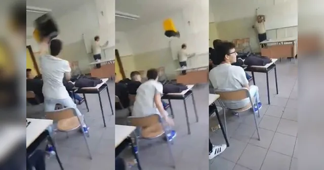 Imagem ilustrativa da notícia Vídeo: aluno arremessa lixeira em professor após ser repreendido