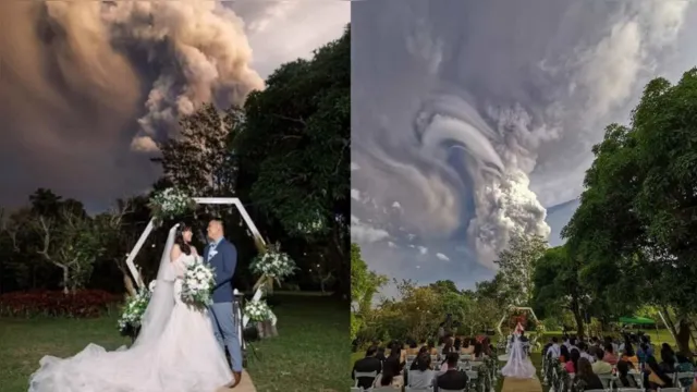 Imagem ilustrativa da notícia Vulcão entra em erupção e rouba a cena em casamento. Veja as fotos