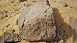 Fotografia da rocha encontrada com hieróglifos