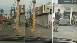 Momento em que ladrão faz uma acrobacia para tentar fugir da polícia