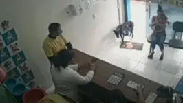 A veterinária parou o atendimento que fazia na recepção da clínica para atender o animal.