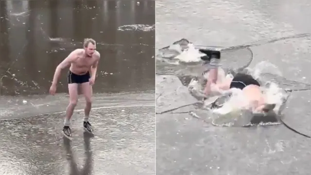 Imagem ilustrativa da notícia Gelo racha e patinador seminu cai em água a -20ºC. Veja o vídeo!