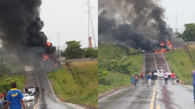 Imagem ilustrativa da notícia Vídeo: motorista morre carbonizado após colisão frontal entre caminhões no Pará
