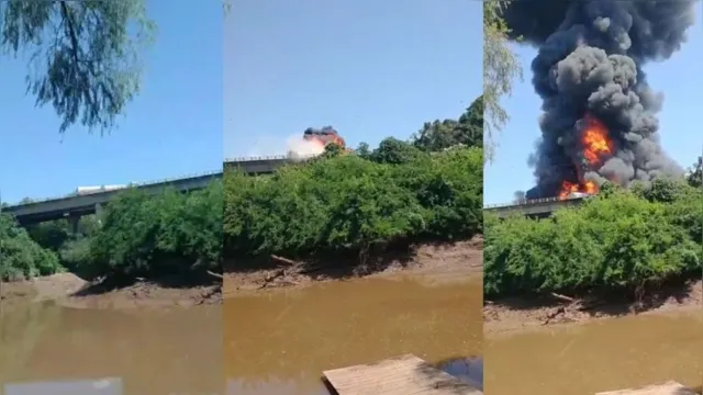 Imagem ilustrativa da notícia Vídeo: caminhão-tanque explode na BR-396 e motorista morre na hora. Assista