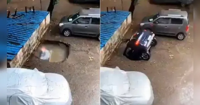 Imagem ilustrativa da notícia Vídeo: cratera engole carro em vaga de estacionamento
