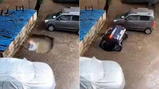 Imagem ilustrativa da notícia Vídeo: cratera engole carro em vaga de estacionamento