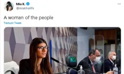 Montagem de Mia Khalifa prestando depoimento na CPI.