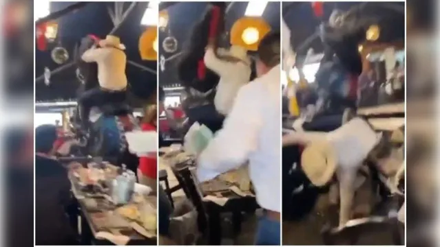 Imagem ilustrativa da notícia Vídeo: Cavalo cai de costas em mesas de restaurante em show