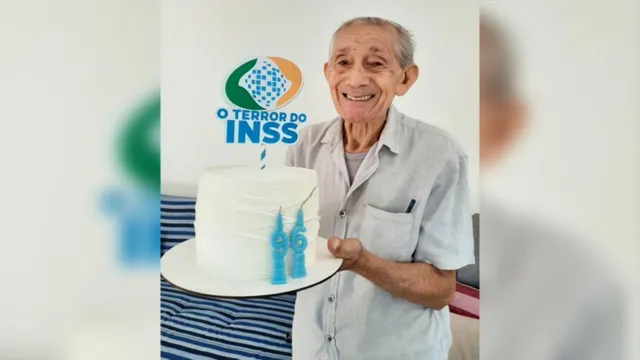 Imagem ilustrativa da notícia "Terror do INSS": idoso celebra 96 anos com bolo inusitado