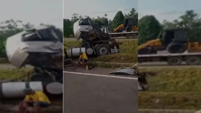 Imagem ilustrativa da notícia Vídeo: boleia de caminhão fica destruída em acidente na BR