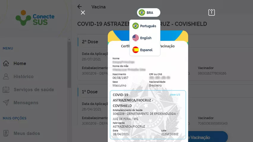 O documento pode ser usado para comprovar as duas doses da vacina contra a Covid-19 ou a dose única.