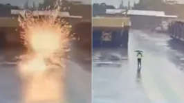 Câmeras de segurança registraram o momento em que o funcionário caminhava pelo local, segurando o guarda-chuva e recebe a descarga elétrica.