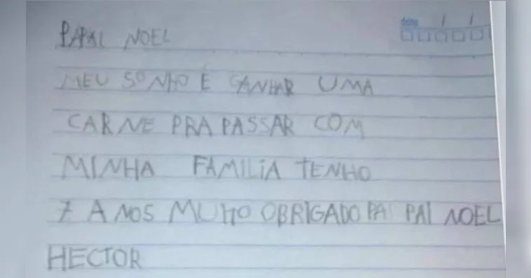 Imagem ilustrativa da notícia Criança pede carne em carta para Papai Noel: "meu sonho"