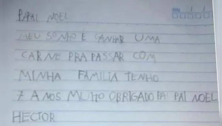 Imagem ilustrativa da notícia Criança pede carne em carta para Papai Noel: "meu sonho"