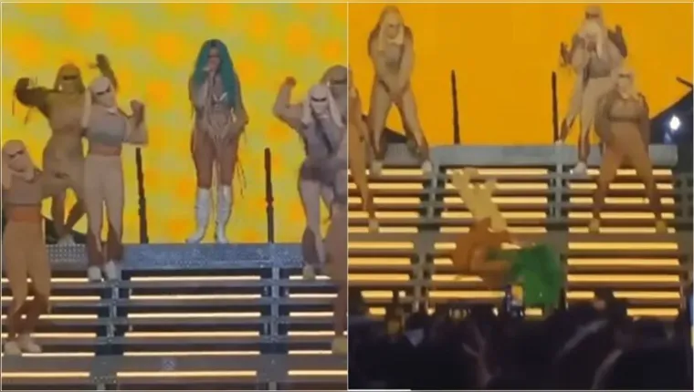 Imagem ilustrativa da notícia Vídeo: cantora rola de escadaria durante show 