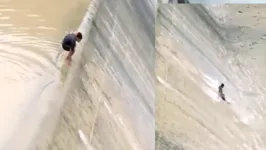 Nas imagens, é possível ver o momento em que o garoto se equilibra no início da barragem. Na sequência ele se joga. 