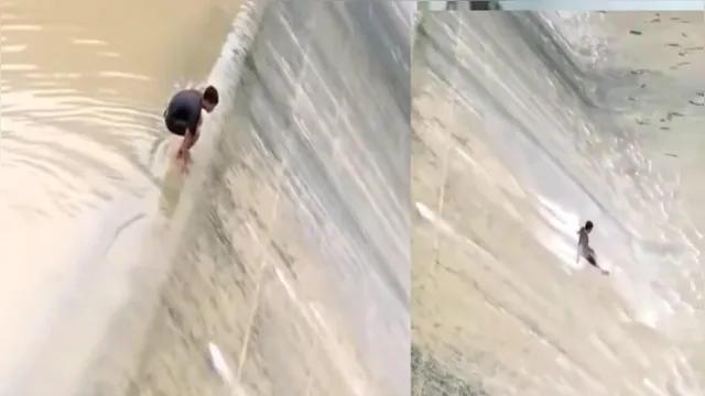 Imagem ilustrativa da notícia Vídeo: jovem ignora risco e surfa em barragem