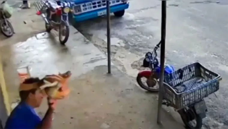 Imagem ilustrativa da notícia Vídeo: comerciante assaltado atira frango em ladrão