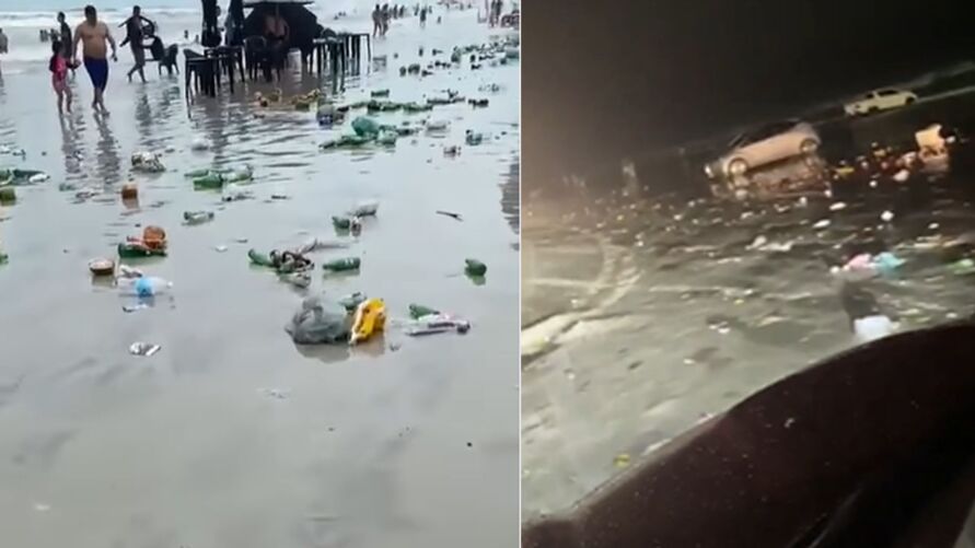 Muita garrafa e sacolas plásticas foram deixadas na praia