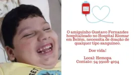 Gustavo Fernandes está precisando de doação de sangue.
