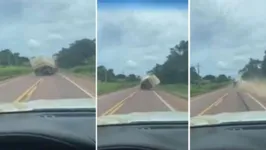 Câmera do carro que estava logo atrás da carreta registrou o momento do acidente