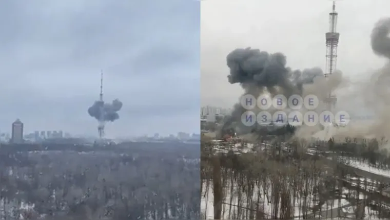 Imagem ilustrativa da notícia Exército russo destrói torre de TV em Kiev. Veja o vídeo.