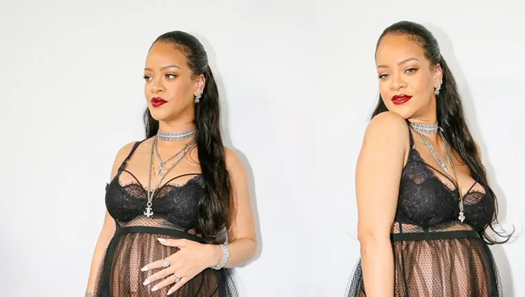 Imagem ilustrativa da notícia Rihanna
exibe barrigão de grávida com look transparente