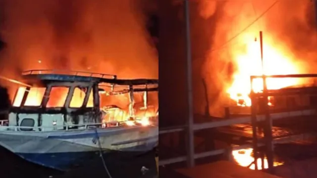 Imagem ilustrativa da notícia Lancha de transportes pega fogo no Marajó, veja vídeo