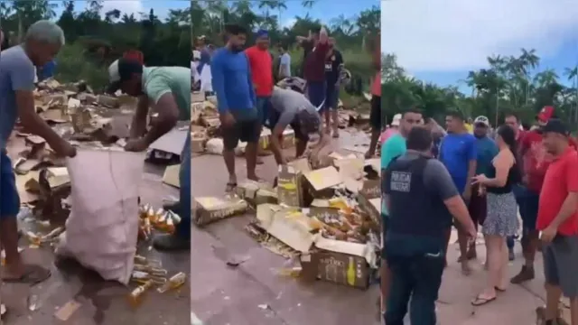 Imagem ilustrativa da notícia Caminhão tomba e multidão saqueia carga de cerveja no Pará