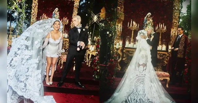 Imagem ilustrativa da notícia Kourtney Kardashian casa com vestido bordado da Virgem Maria