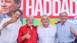 Haddad, Lula, França e Alckimen, em ato na Grande São Paulo, neste sábado (9).