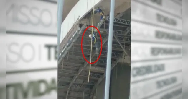 Imagem ilustrativa da notícia Vídeo: operário fica pendurado em obra no Mangueirão