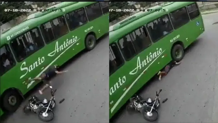 Imagem ilustrativa da notícia Motoqueiro cai de cabeça sobre roda de ônibus e sai andando