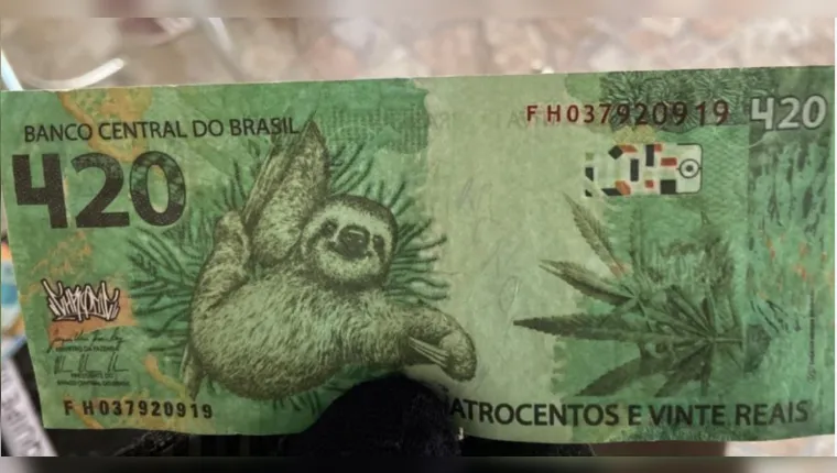 Imagem ilustrativa da notícia Nota falsa de R$ 420 tem preguiça e efígie fumando maconha