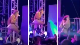 Ao cair, a artista grita e assusta quem acompanhava o show.