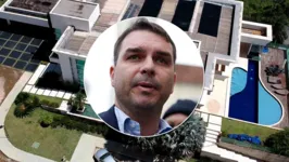 Flávio Bolsonaro e mansão milionária ao fundo