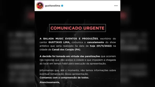 Imagem ilustrativa da notícia Gusttavo Lima cancela show no Pará por causa de bloqueios