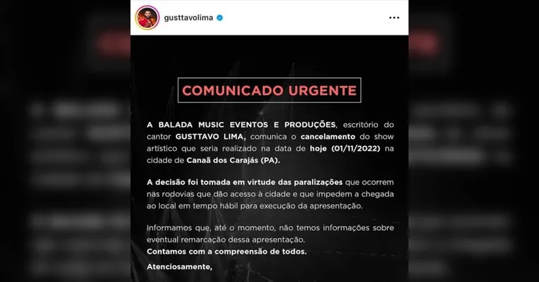 Imagem ilustrativa da notícia Gusttavo Lima cancela show no Pará por causa de bloqueios