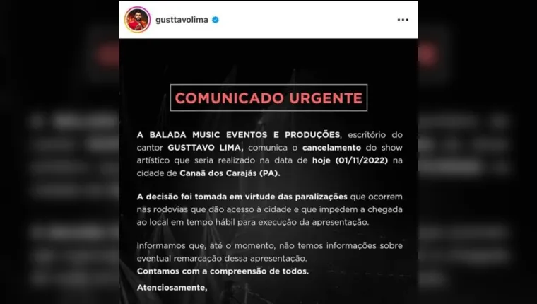 Imagem ilustrativa da notícia Gusttavo Lima cancela show no Pará por causa de bloqueios