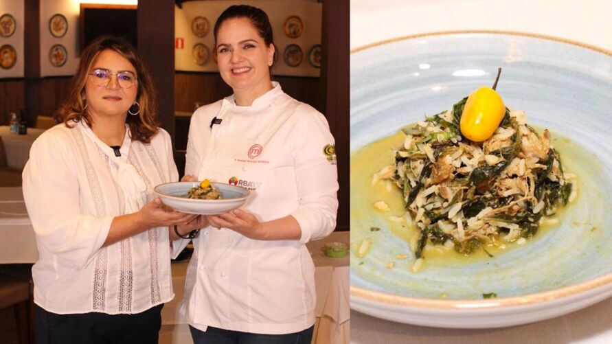 Cristiane Salomão e nossa anfitrã chef Ângela Sicília com o prato de arroz de pato paraense após gravação.