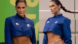 Debora chegou causando usando o uniforme da copa todo customizado exibindo a barriga de fora.