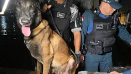 Equipe da PM, com o cão Lupan ao centro, agiu rápido e localizou a droga transportada na embarcação