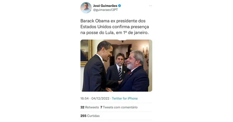Imagem ilustrativa da notícia Deputado do PT anuncia Obama na posse de Lula e apaga post
