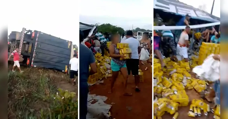 Imagem ilustrativa da notícia Caminhão tomba e carga de cerveja é saqueada no Pará