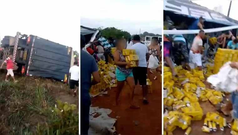 Imagem ilustrativa da notícia Caminhão tomba e carga de cerveja é saqueada no Pará