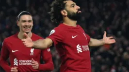 Mohamed Salah comemorando gol na goleada do Liverpool sobre o Manchester United na Premier League
