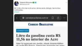 “R$ 11,56 o litro de muito amor, democracia, diálogo, harmonia e instituições. #FazoL”, escreveu o deputado.