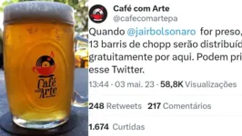 Publicação do "Café com Arte" com promessa de barris de cerveja grátis em caso de prisão de Bolsonaro viralizou na web