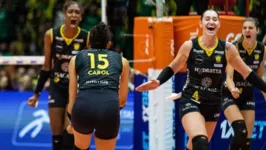 Jogadoras do PraiaClube comemoram ponto decisivo na final contra o Minas Tênis.